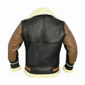Blouson bomber en cuir véritable pour homme, doublé en sherpa, fermeture éclair, vêtement d'extérieur d'hiver, style motard - Product Image 2