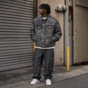 Chaqueta de mezclilla gruesa estilo camionero con estampado de periódico lavado y logo bordado, unisex, estilo holgado Hypebeast - Product Image 3