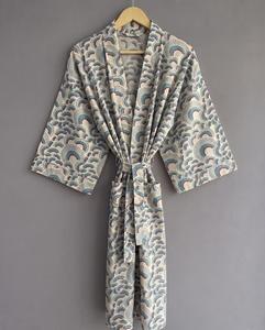Premium Geometric Printed Women's Kimono Robe <b>Three</b> Quarter Sleeve Loose Maxi Dress With Tie Front Japanese Style 100% Cotton - Product Image 2