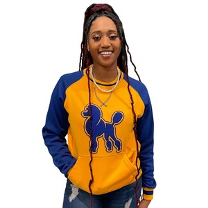Sweat-shirt en chenille Sigma Gamma Rho pour femme, jaune et bleu, col ras du cou raglan, avec poche, pull décontracté pour sororité - Product Image 6