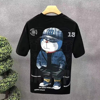 T-shirt Homme Streetwear Personnalisé en Coton Épais, Imprimé Graphique Rétro Anime Doraemon, Coupe Ample, Épaules Tombantes, Style Hip Hop Oversize