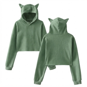 Trendy Custom Women Cropped Hoodie Detail Hood Ear <b>Cute</b> Design <b>Sweatshirt</b> Breathable Soft Cotton Pullover Short Length - Product Image 6