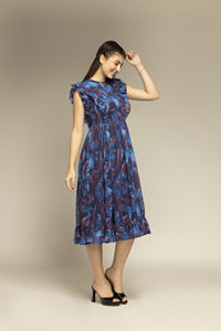 Premium Quality Women Blue Color Floral Printed <b>Ruffle</b> Sleeve <b>Dress</b> Casual Daily Wear Available at Manufacturer Price - Product Image 6