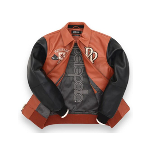 Blouson universitaire en cuir pour homme, marron et noir, style bomber colorblock, avec motif brodé, veste de baseball, streetwear décontracté, vêtement d'extérieur - Product Image 3