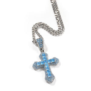 Blue Moissanite Colour Stone Cross Pendant Moissanite Necklace Iced Out Religious Hip Hop Jewelry Fine Jewelry Gift For Her - Product Image 3