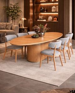 Juego de Mesa de Comedor Ovalada de Madera de Teca Escandinava Moderna con Sillas Tapizadas, Muebles de Lujo para Villas, Hoteles y Restaurantes - Product Image 1