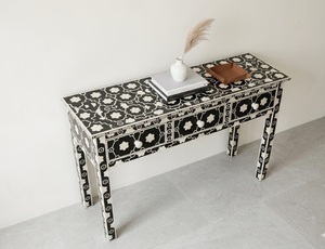 Table console en bois fait main avec incrustations de os, noir et blanc, table d'entrée, table de canapé, mobilier moderne pour la maison - Product Image 3