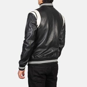 Men's Black <b>Leather</b> Varsity <b>Jacket</b> Regular Fit Turn-Down Collar Button Closure Solid Color Casual Style Autumn Wear - Product Image 3