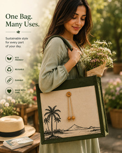 Sac fourre-tout vert en jute et coton laminé, imprimé palmiers, écologique, réutilisable, pour courses, exposition, avec poignées en corde - Product Image 1