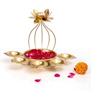 Support de bougie chauffe-plat en métal Lotus avec base en bol Urli, fait main, décoration Diya pour anniversaire, maison, bureau, cadeaux festifs - Product Image 3