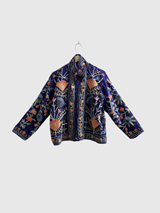 Veste en lin brodée de fleurs bleues, col montant, manches longues, style Prairie Chic, vêtements de printemps pour femmes - Product Image 1