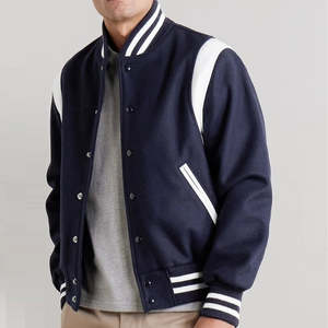 Blouson universitaire homme écologique en laine et cuir, bleu marine à rayures blanches, col montant, fermeture boutonnée, coupe droite, hiver - Product Image 1