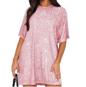 Vestido de Lentejuelas Transpirable Color Rosa, Vestido de Lentejuelas Elegante de Manga Corta con Cuello Redondo, Vestido de Lentejuelas Brillante para Fiesta o Cóctel - Product Image 1