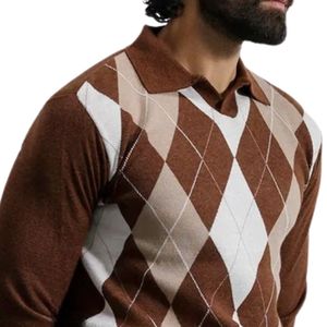 Men's <b>Brown</b> Off White Argyle Pattern Knit Polo Sweater Long Sleeve Collared Casual Pullover Fashion Top Wholesale Clothing - Product Image 2