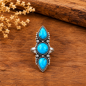 Bague américaine Kingman Mohave Turquoise Fleur, style Western Boho, faite à la main, avec 2 pierres rondes et 1 pierre principale, bijou fantaisie en pierres précieuses - Product Image 4