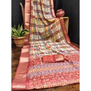 BANDHEJ DE ALGODÓN DE LINO A LA MODA ESTAMPADO DIGITAL TRABAJO SAREE CON BLUSA DESCOSADA MELOCOTÓN - Product Image 1