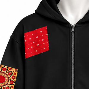 Sweat-shirt à capuche zippé oversize en patchwork noir, imprimé, style streetwear décontracté pour homme - Product Image 5