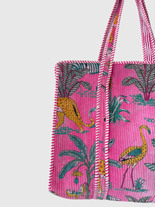 Sac fourre-tout rose en velours côtelé avec imprimé léopard et oiseaux, design brodé bohème, fermeture ouverte, sac de shopping pour femme toutes saisons - Product Image 6
