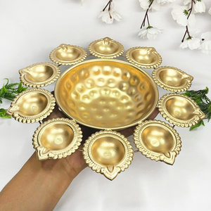 Gold Diya Thali Set with Central Bowl and 8 Traditional <b>Oil</b> <b>Lamps</b> Hindu Pooja Aarti Plate for Diwali Festival Home Temple and Re - Product Image 3