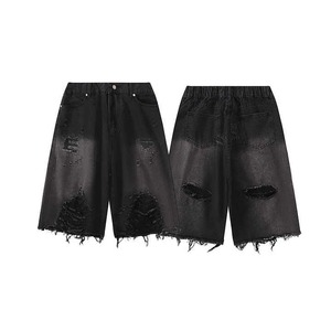 Men's Black Vintage <b>Y2K</b> Breathable Distressed Denim Shorts Mid Waist Ripped Cotton Casual Party Summer Style - Product Image 1