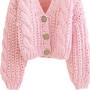 University Sorority Women Knitted <b>Cardigan</b> Sweater <b>Chunky</b> Pink Cable <b>Knit</b> Cropped V-Neck OEM Wooden Button Heavyweight Jumper - Product Image 5
