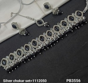 <b>Silver</b> Plated Ethnic Zircon Dangle Drop Choker Wedding Engagement Party Gift <b>Necklace</b> Earring Mangtika Jewelry <b>Set</b> for Women - Product Image 1