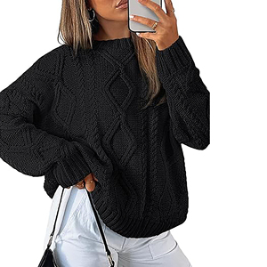 <b>Women</b> Oversized Korean Style Thick <b>Cable</b> <b>Knit</b> Crewneck <b>Sweater</b> Regular Sleeve Solid Black Pullover Casual Autumn Winter Knitwear - Product Image 5