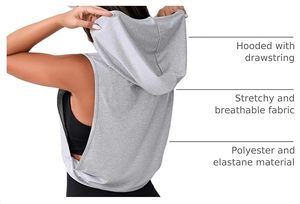 Sudadera corta sin mangas con capucha para mujer, estilo tank top, corte muscular, abertura profunda en el hombro, con cordón, de punto elástico, en blanco para bordado - Product Image 5