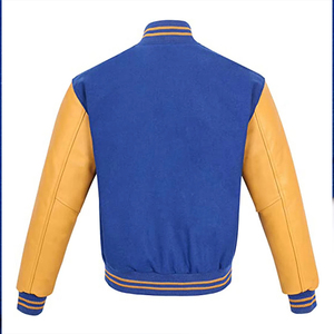 Veste pour homme bleue et jaune, style varsity classique, veste de baseball avec manches contrastées, vêtement d'extérieur décontracté, chaud et confortable - Product Image 1