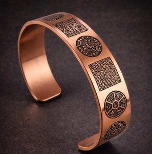 Pure Copper Vintage <b>Engraved</b> Astrological Calendar Seal Open Cuff <b>Bangle</b> Bracelet Carved Ancient Geometric Emblem - Product Image 3