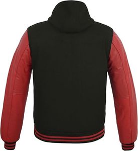 Chaqueta Varsity para Hombre, Negra y Roja, de Cuero Sintético, Cuello Camisero, Cierre de Botones, Corte Regular, Estilo Otoñal - Product Image 3