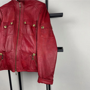 Custom Women's Burgundy Real Leather Biker <b>Jacket</b> - Luxury Multi-Pocket Sheepskin Moto <b>Jacket</b> with Gold Hardware - Product Image 4