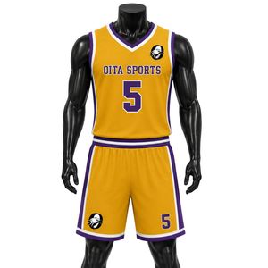Ensemble uniforme de basket-ball pour hommes et femmes, maillot jaune et violet et short, vêtements de sport légers et confortables pour équipe Oita - Product Image 1