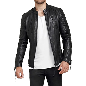 <b>Men</b> Genuine Leather Cafe Racer <b>Jacket</b> Slim Fit Zip Band Collar Minimalist Style Black Tan OEM Wholesale - Product Image 2