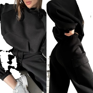 Tenue de sport tissée formelle pour femmes hiver automne survêtement décontracté solide polaire à capuche pull survêtement pantalons de survêtement 2 pièces ensemble - Product Image 1