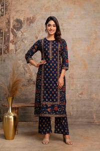 Traje Recto de Algodón Azul para Mujer, Largo hasta la Rodilla, con Dupatta, Estilo Tradicional, Corte Regular, Secado Rápido, Multitemporada, Informal, para Diwali/Bodas - Product Image 5