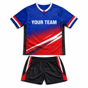 ชุดฟุตบอล OEM แบบกำหนดเอง แขนสั้น แห้งเร็ว ระบายอากาศได้ดี ผ้าโพลีเอสเตอร์ 100% พิมพ์ลายชื่อและหมายเลขผู้เล่น - Product Image 1