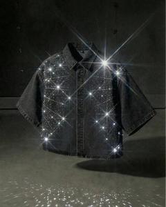 Wholesale Custom Plaid <b>Rhinestone</b> Shirt Short Sleeve Vintage Check Blouse Diamond Embellished Streetwear <b>Tops</b> For Women - Product Image 5