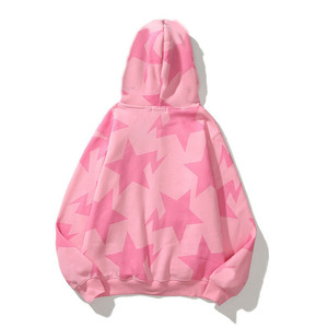 Unisex Star Print Zip Hoodie Oversized Casual Sweatshirt Black White <b>Pink</b> Knitted Polyester Autumn Wear - Product Image 4
