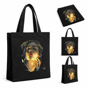 Custom Printed Black Cotton <b>Canvas</b> Tote <b>Bag</b> Reusable <b>Large</b> Capacity Shopping <b>Bag</b> Fashion Graphic Artwork Shoulder <b>Bag</b> - Product Image 1
