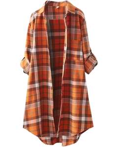 Robe chemise longue à carreaux orange pour femme, boutonnée, décontractée, style tunique ample en coton et lin doux - Product Image 1