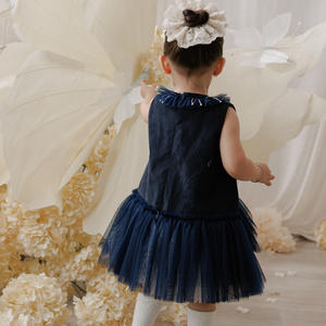 เดรสกำมะหยี่ผ้าลูกฟูกแบบพรีเมี่ยมแขนกุดประดับด้วยลูกปัดในโอกาสพิเศษคุณภาพสูงสั้นฤดูใบไม้ร่วงฤดูหนาวสีกรมท่า - Product Image 3