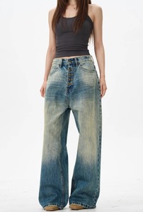 Jeans de mezclilla lavados de cintura media, corte recto, con botones, de alta gama, para mujer, estilo casual, streetwear, hip hop, de verano. - Product Image 4