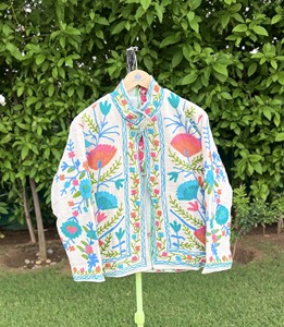 Hand Embroidered Floral Cotton Bomber <b>Jacket</b> <b>Women</b> Stand Collar Three Quarter Sleeve Prairie Chic <b>Spring</b> Autumn Boho Style Open - Product Image 1