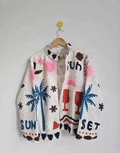 Veste d'été en coton avec motif palmier et coucher de soleil brodé à la main, manches longues, col mandarin, style vacances, vente en gros - Product Image 2