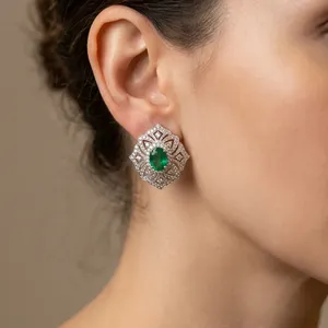 Boucles d'oreilles pendantes géométriques florales en émeraude naturelle de Zambie avec halo, bijoux de fête pour femme en argent 925 - Product Image 3