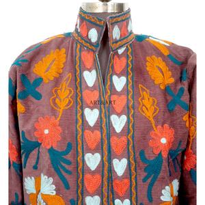 Handmade Floral Embroidery Quilted Cotrise Fabric <b>Jacket</b> Button Detail Cotton Stripe Lining Breathable Eco-Friendly Thick Winter - Product Image 2