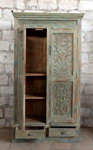 Luxury Handcrafted Solid Wood 2 Door <b>Wardrobe</b> Ornate Leaf Carving Distressed Teal Green Armoire - Product Image 2