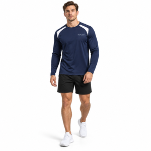 <b>Men's</b> Long Sleeve Sporty T-<b>Shirt</b> <b>Navy</b> <b>Blue</b> O-Neck Quick Dry Slim Fit Knitted Polyester with Front Logo Print - Product Image 1