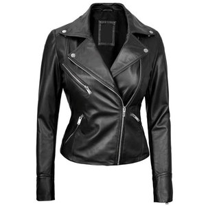Chaqueta de Motera Asimétrica Negra para Mujer, 100% Piel de Cordero Auténtica, Mangas Largas con Puños con Cremallera, Superventas - Product Image 3